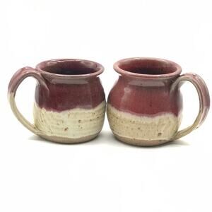 Stoneware Coffee Tea Mugs Set of 2 Hand Made Brown & Tan Glazed Signed